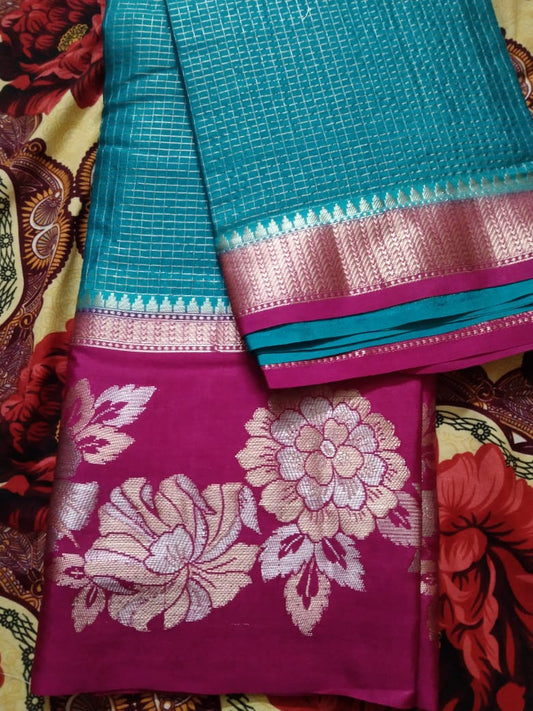 Designer Fancy smooth Silk Saree Bright Blue with Raani Pink