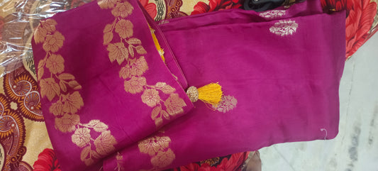 Designer Soft Silk Saree Wine / Megenta colour with Mango Yellow Blouse
