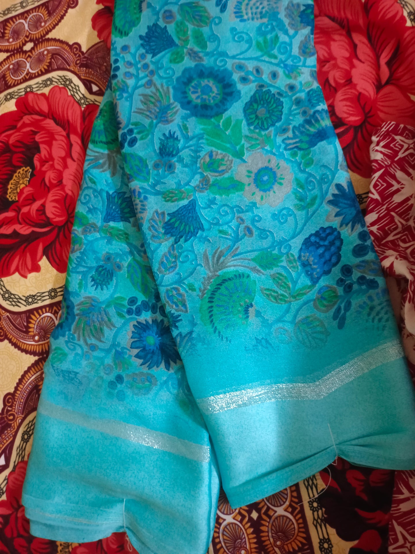 Light Blue / Green Very Soft Fancy Georgette Saree for daily / Office wear