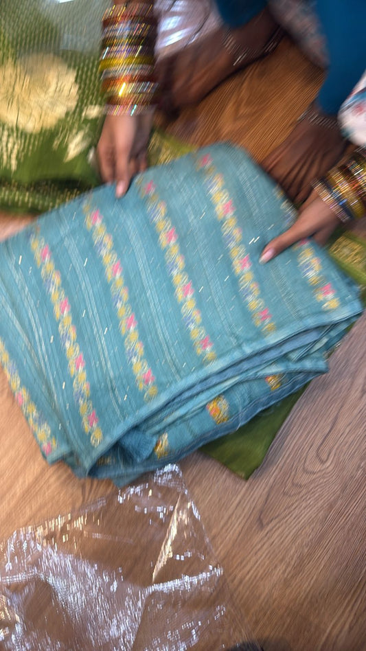 Fancy Saree crush soft silk Pista Green With Strips design same color blouse