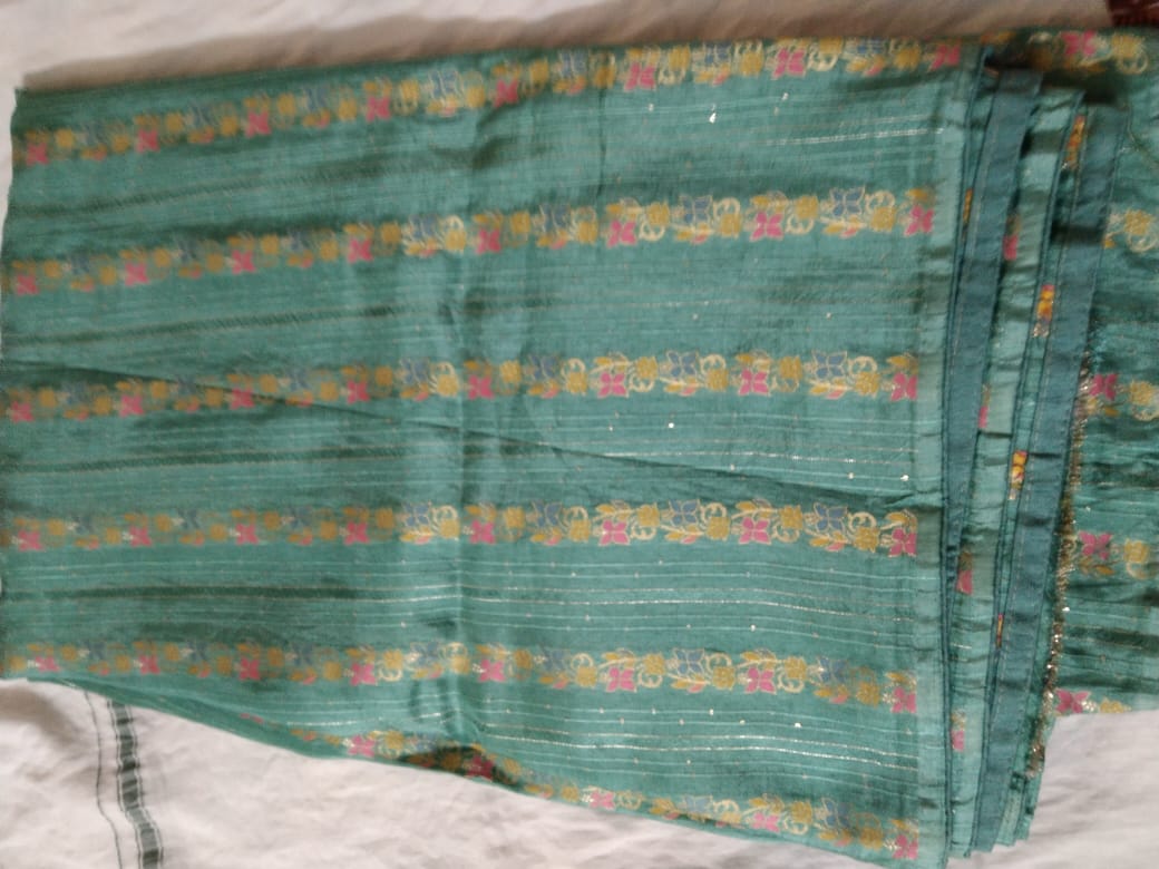 Fancy Saree crush soft silk Pista Green With Strips design same color blouse