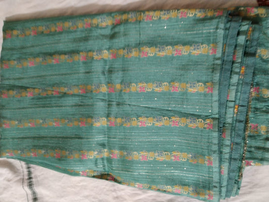 Fancy Saree crush soft silk Pista Green With Strips design same color blouse