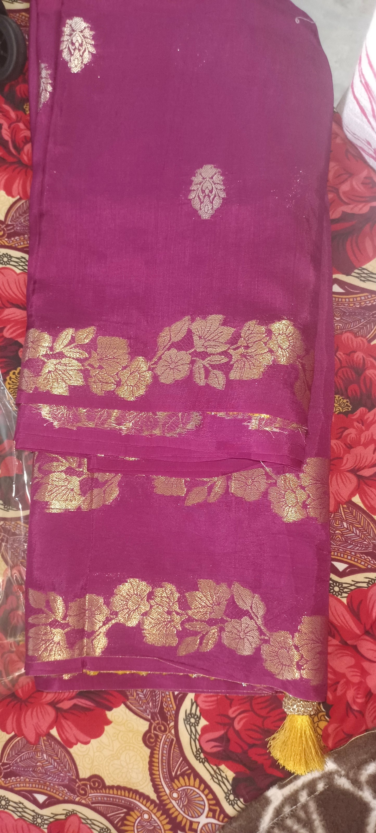 Designer Soft Silk Saree Wine / Megenta colour with Mango Yellow Blouse