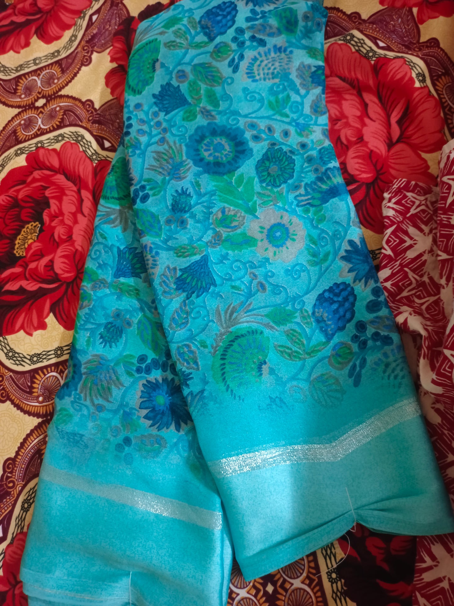 Light Blue / Green Very Soft Fancy Georgette Saree for daily / Office wear