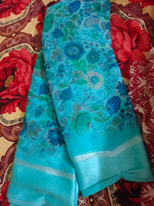Light Blue / Green Very Soft Fancy Georgette Saree for daily / Office wear