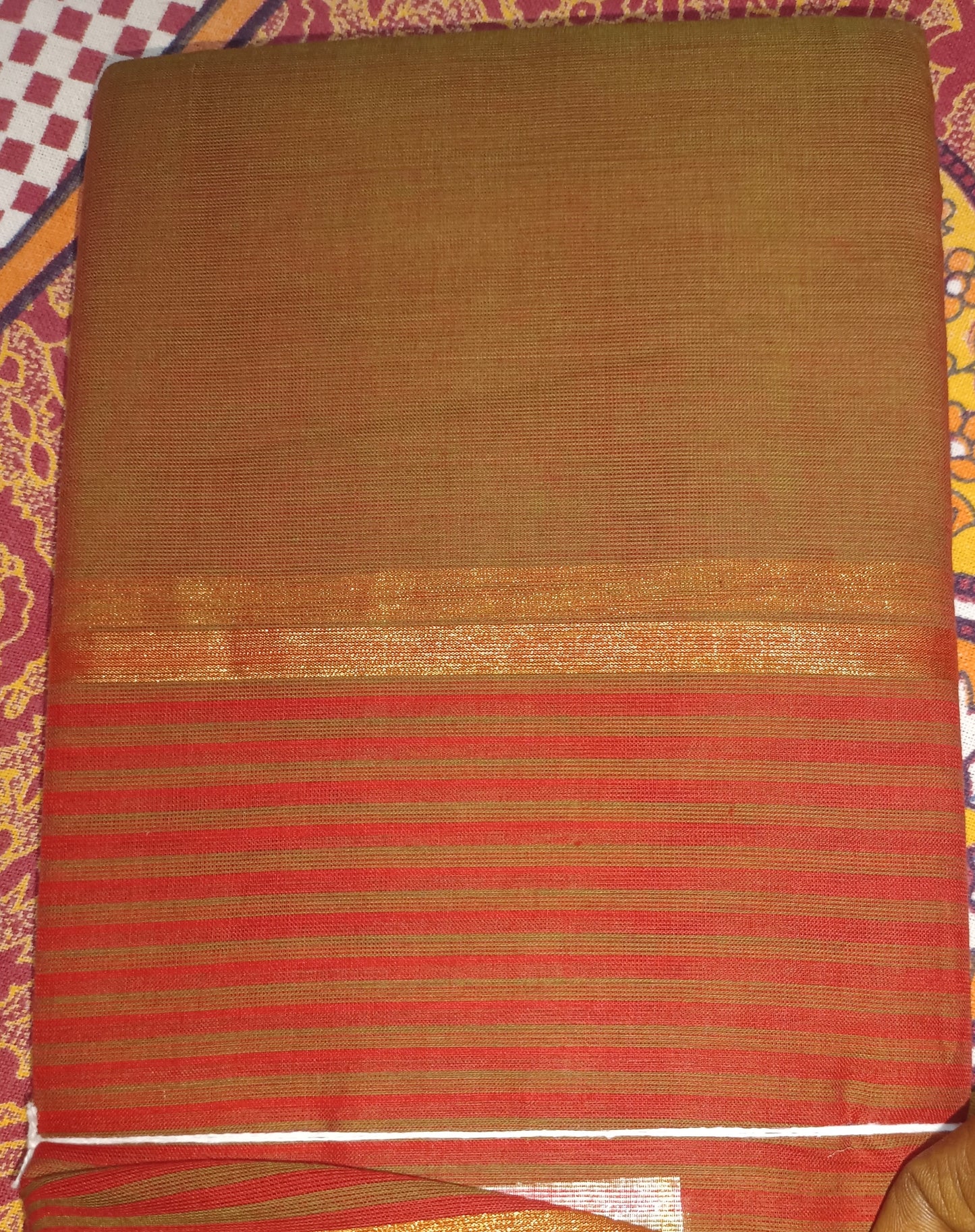 Pure Handloom Cotton Plain light Green and Red mixed Colour