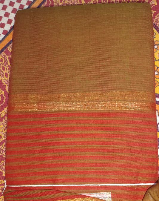 Pure Handloom Cotton Plain light Green and Red mixed Colour