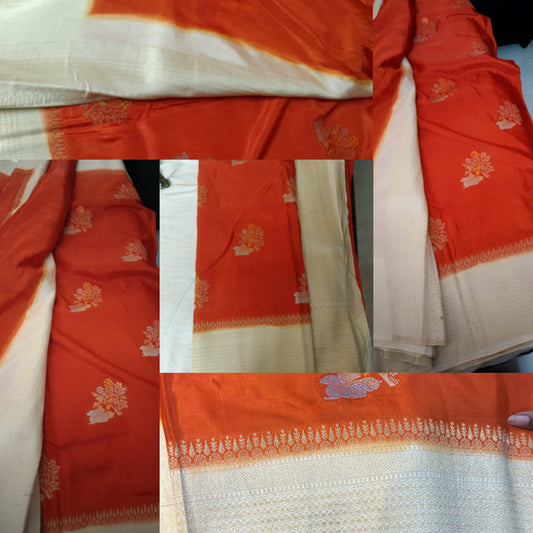 Russian Silk Soft Fancy Saree Orange and Cream Colour