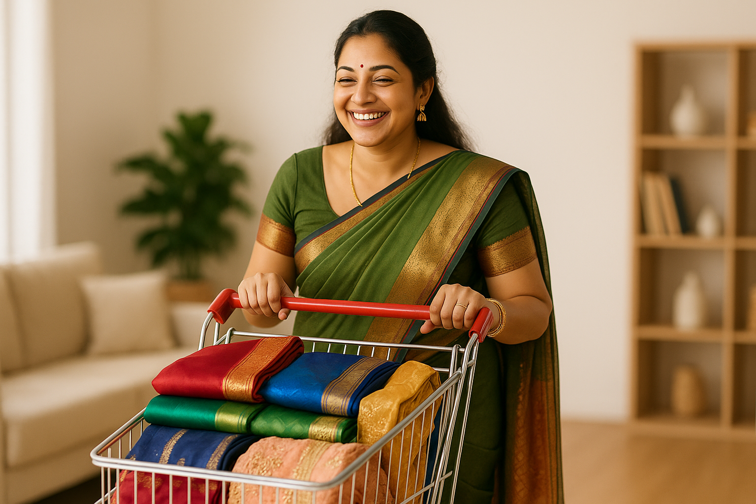 a-beautiful lady-done-her-online-shopping-and-looks-very-satisfied-with-her-purchased-sarees-and-dresses-and-walking-with-cart-of-bought-colourful-pattu and designer items-