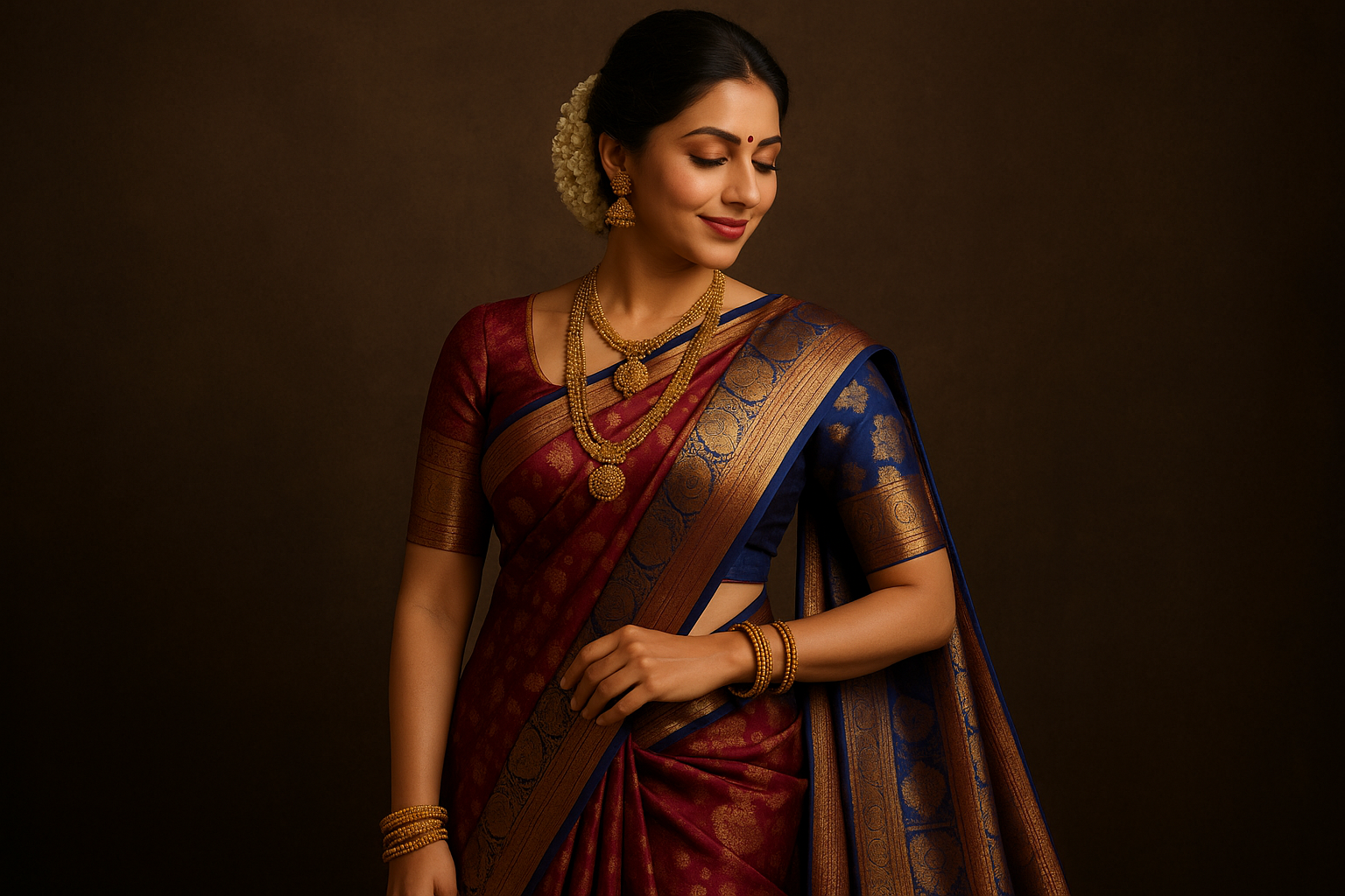 beautiful women waring south indian designer saree with elegant look
