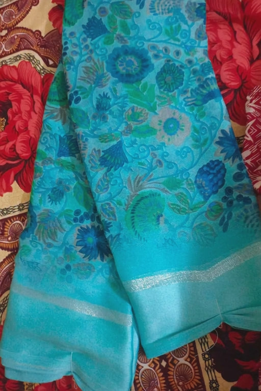 Light Blue / Green Very Soft Fancy Georgette Saree for daily / Office wear