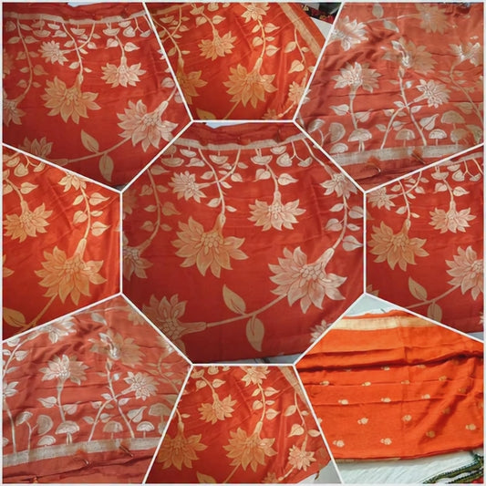 Mango Tussar Soft Floral Pattu Saree Organge