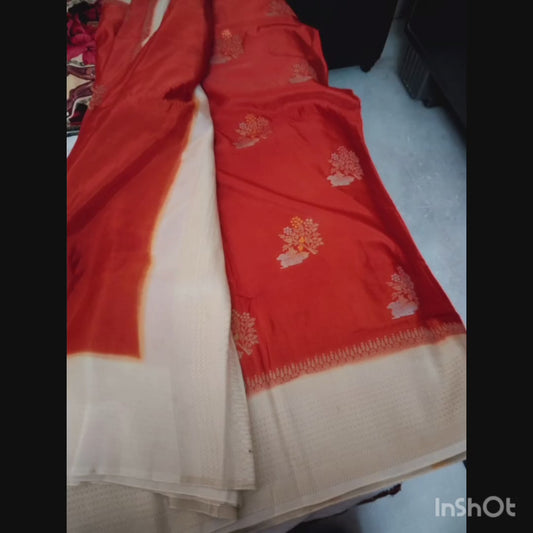 Russian Silk Soft Fancy Saree Orange and Cream Colour